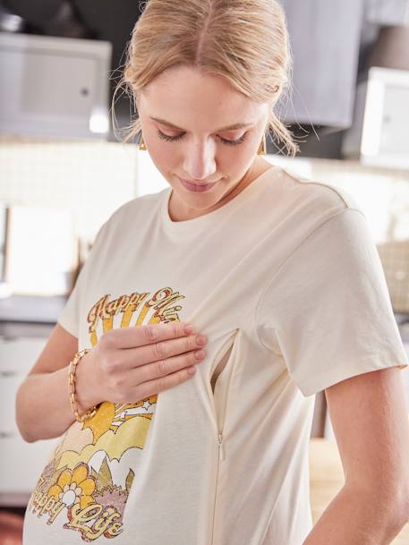 T-shirt met motief Happy Mind voor zwangerschap en borstvoeding ecru - vertbaudet enfant 