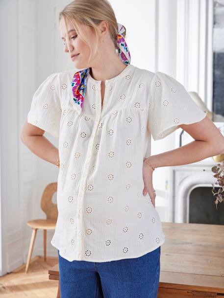 Zwangerschaps- en borstvoedingsblouse van katoengaas ecru+terracotta - vertbaudet enfant 