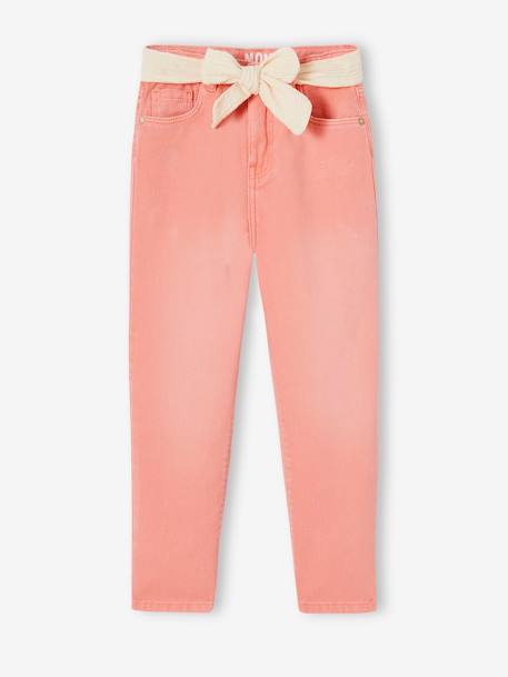 Pantalon Mom et sa ceinture en gaze de coton fille moutarde+pêche+rose+rouge - vertbaudet enfant 