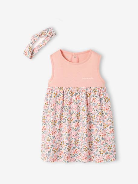 Robe bébé naissance et bandeau assorti beige+rose poudré+tilleul imprimé - vertbaudet enfant 