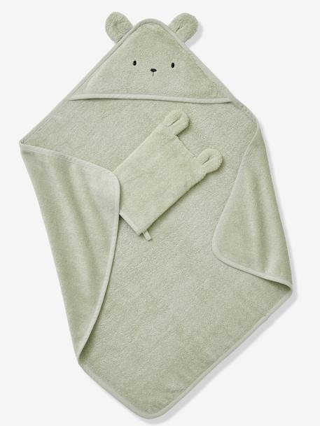 Badcape + washandje van biologisch katoen amandel+antraciet+karamel+oceaanblauw+rozen+Wit - vertbaudet enfant 