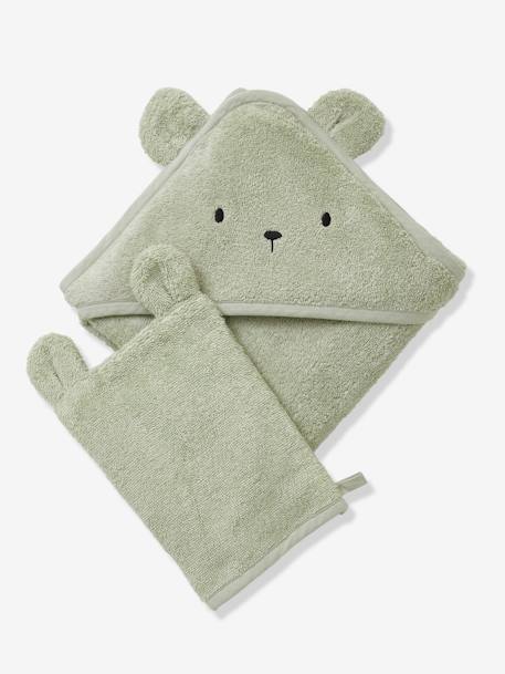 Badcape + washandje van biologisch katoen amandel+antraciet+karamel+oceaanblauw+rozen+Wit - vertbaudet enfant 