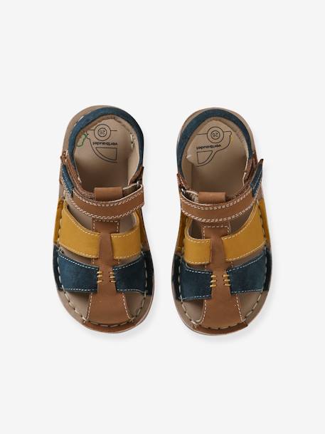 Leren sandalen met klittenband kinderen kleutercollectie beige+marineblauw+veel blauw - vertbaudet enfant 