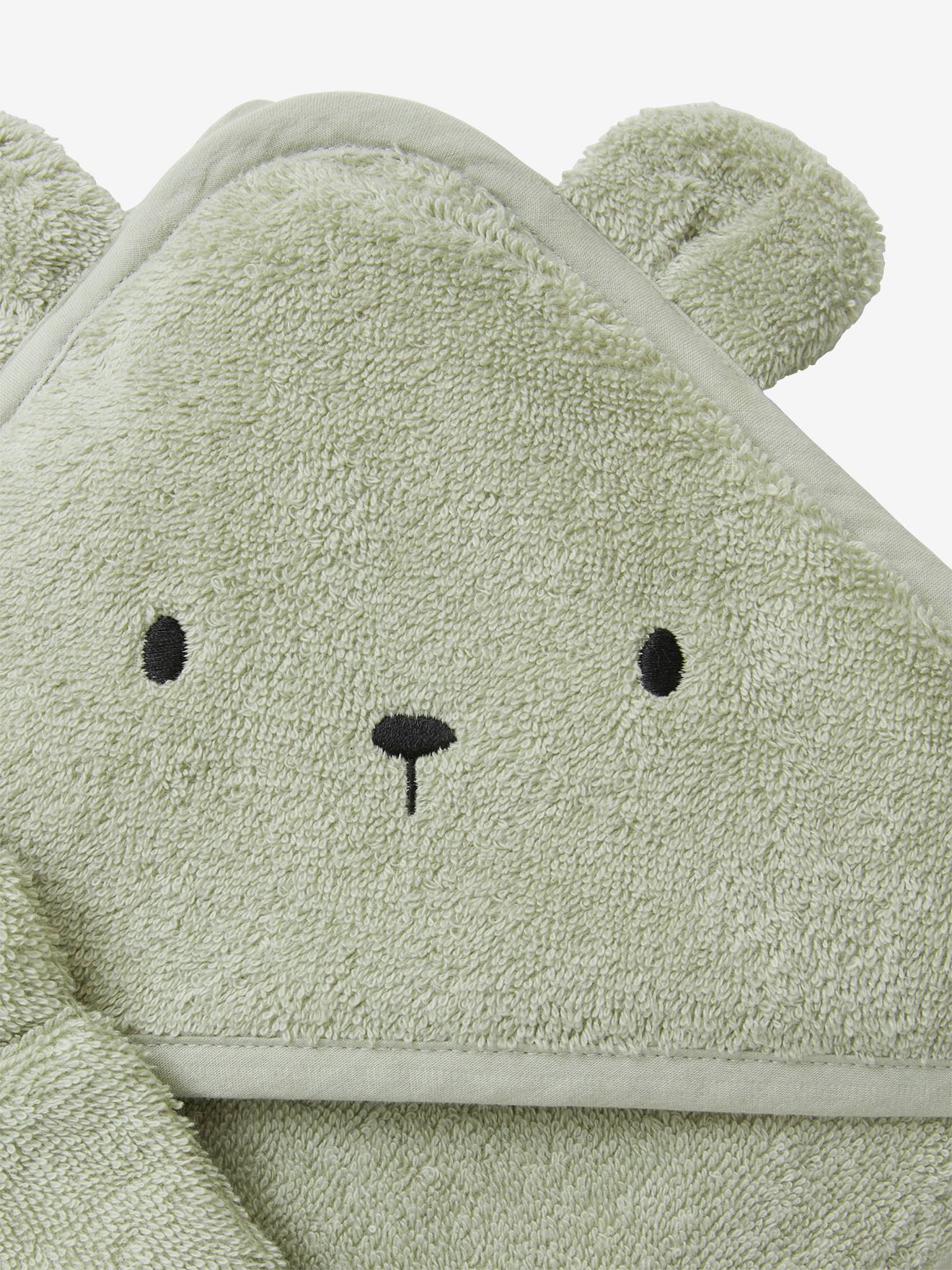 Cape De Bain Bébé + Gant Assorti - Éponge Bambou Ultra Douce, Imprimé Rayures Vert De Gris - Cadeau Naissance 70x70 Cm - 7