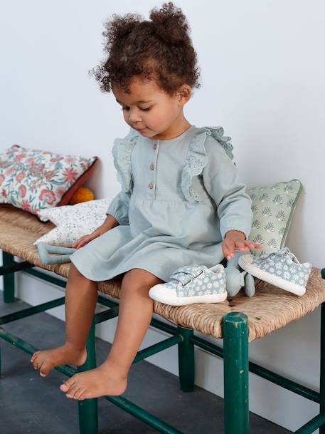 Fleece jurkje voor baby's met ruches van Engels borduurwerk grijsblauw+karamel - vertbaudet enfant 