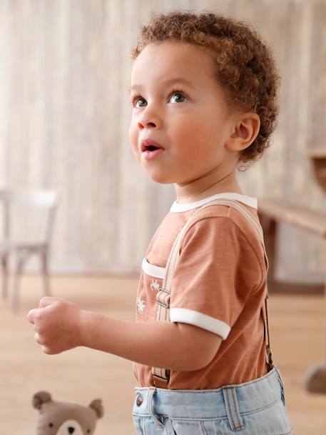 Baby-T-shirt van gevlamd katoen, korte mouwen pecannoot - vertbaudet enfant 