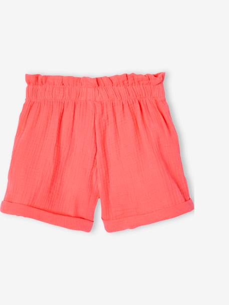 Short en gaze de coton style 'paperbag' fille beige+bleu électrique+corail - vertbaudet enfant 