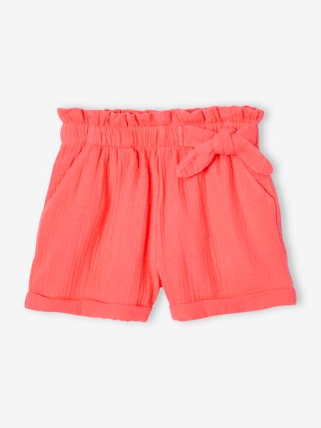 Short en gaze de coton style 'paperbag' fille beige+bleu électrique+corail - vertbaudet enfant 