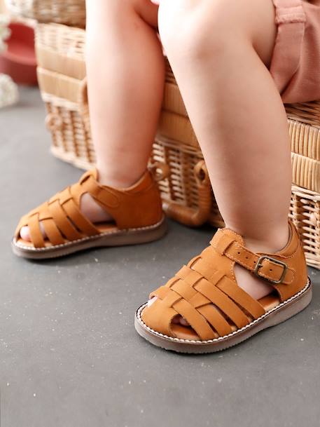 Leren sandalen baby met dichte voorkant Camel+Marokkaans blauw - vertbaudet enfant 