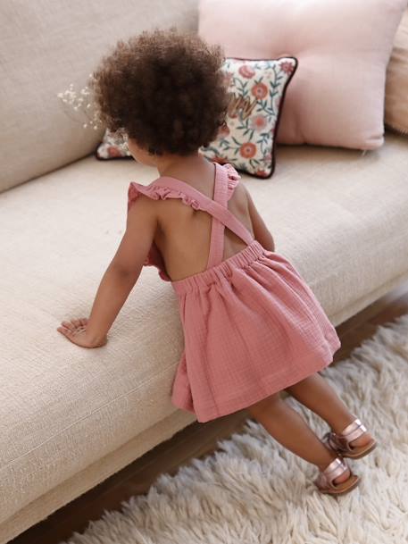 Robe bébé en gaze de coton bretelles à volants vieux rose - vertbaudet enfant 