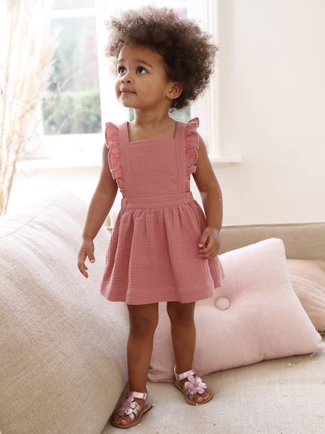 Robe bébé en gaze de coton bretelles à volants vieux rose - vertbaudet enfant 