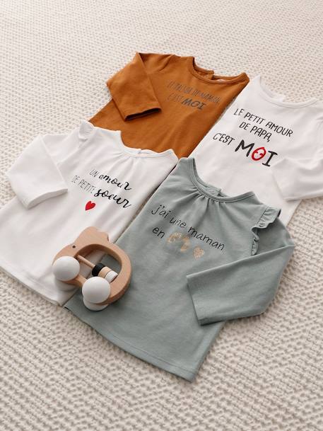 Oeko-Tex® baby T-shirt met lange mouwen en ruches ivoor+poederroze - vertbaudet enfant 