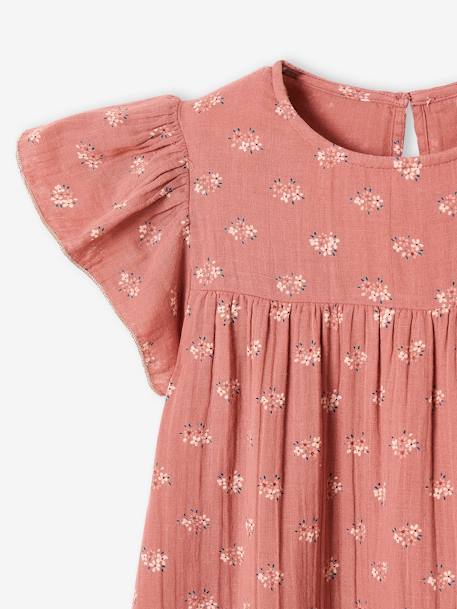 Meisjesjurkje van bedrukt katoengaas met vlindermouwtjes blauwgroen+terracottategel - vertbaudet enfant 