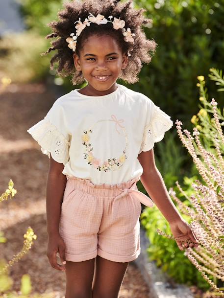 Meisjesshirt met kroonmotief en glimmende details ecru - vertbaudet enfant 