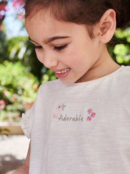 Geborduurd meisjes-T-shirt met 'adorable', korte mouwen, gesmokt ecru - vertbaudet enfant 