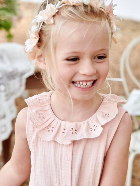 Lange babytuinbroek van katoenen gaas met kraag van Engels borduurwerk lichtroze+oudroze+saliegroen - vertbaudet enfant 