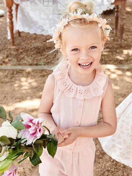 Lange babytuinbroek van katoenen gaas met kraag van Engels borduurwerk lichtroze+oudroze+saliegroen - vertbaudet enfant 