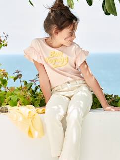 Meisje-T-shirt, souspull-T-shirt-Meisjes-T-shirt met print in zwelinkt en korte mouwen met ruches