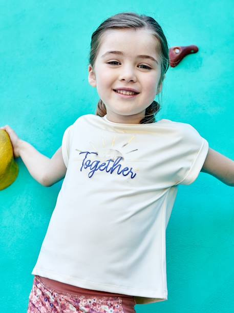 Meisjessportset met T-shirt en kuitbroek, met iriserend 'sunrise'-patroon ecru - vertbaudet enfant 