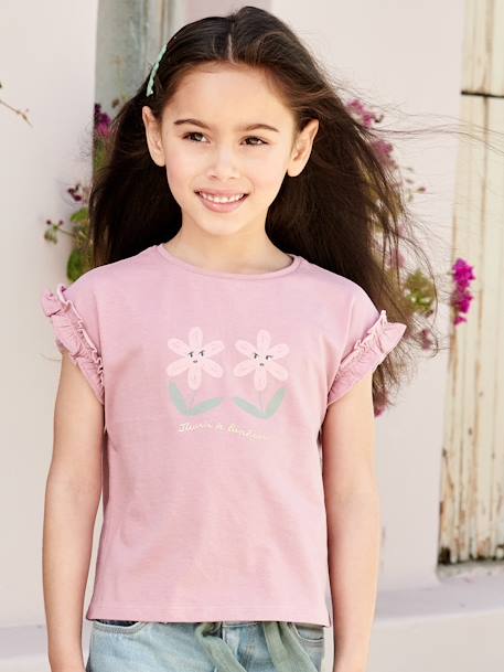 T-shirt fille motif fantaisie manches courtes volantées blanc+bleu ciel+mauve - vertbaudet enfant 