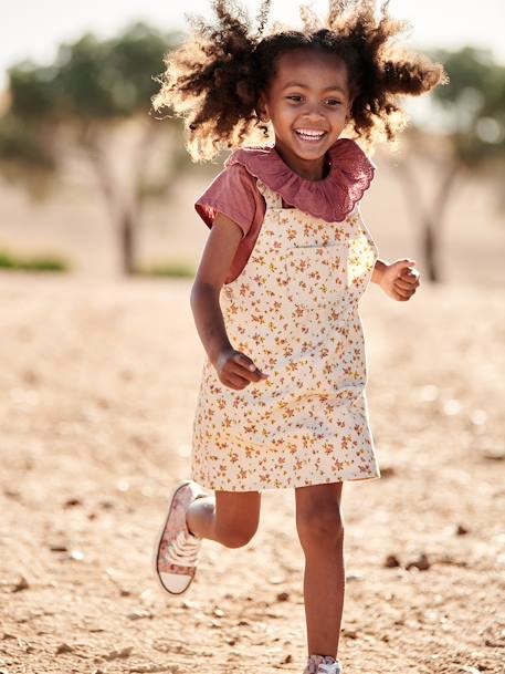 Robe-salopette à fleurs bretelles à volants gris perle - vertbaudet enfant 