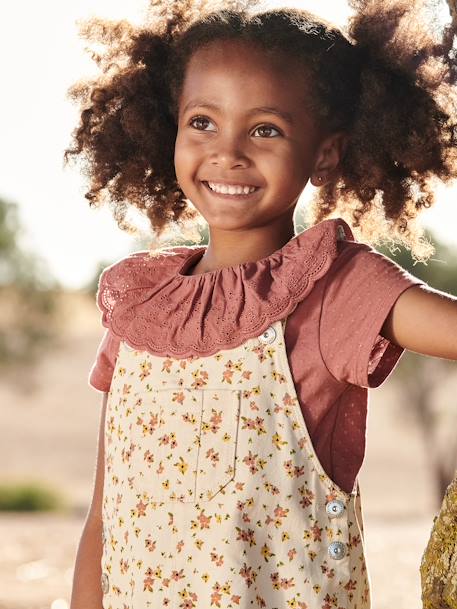 Robe-salopette à fleurs bretelles à volants gris perle - vertbaudet enfant 