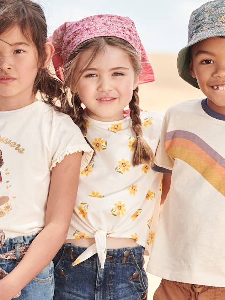 Gestreept T-shirt voor meisjes met sierstrik ecru+groen+kaki+marineblauw+rose paars bedrukt+vanille - vertbaudet enfant 