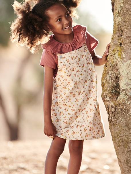 Robe-salopette à fleurs bretelles à volants gris perle - vertbaudet enfant 