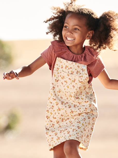 Robe-salopette à fleurs bretelles à volants gris perle - vertbaudet enfant 