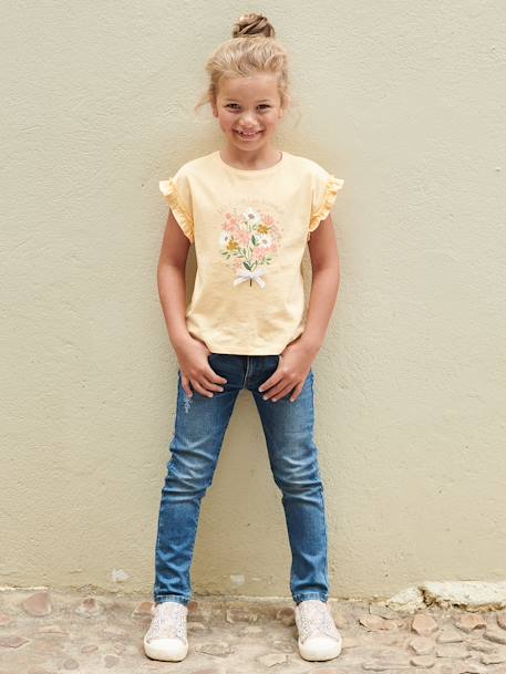 Meisjes-T-shirt met iriserend motief en korte mouwen met ruches antraciet+lichtgeel+lichtroze+marineblauw - vertbaudet enfant 