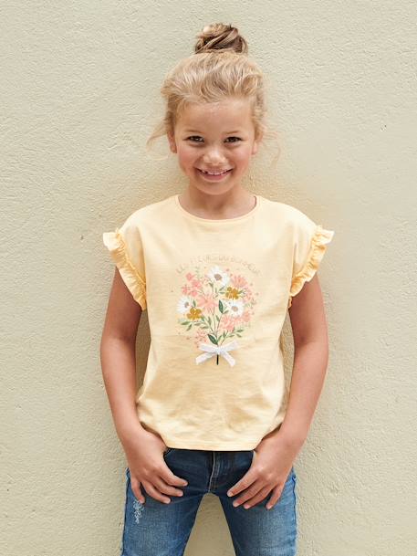 Meisjes-T-shirt met iriserend motief en korte mouwen met ruches ecru+lichtgeel+marineblauw+zachtpaars - vertbaudet enfant 