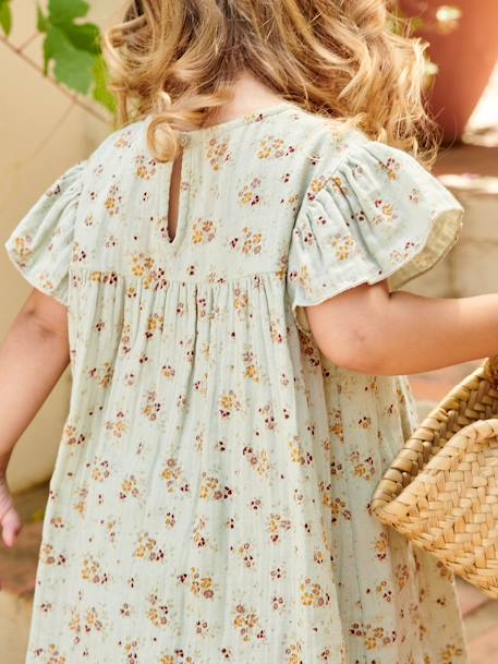 Robe fille en gaze de coton imprimée manches papillon tomette+vert d'eau - vertbaudet enfant 