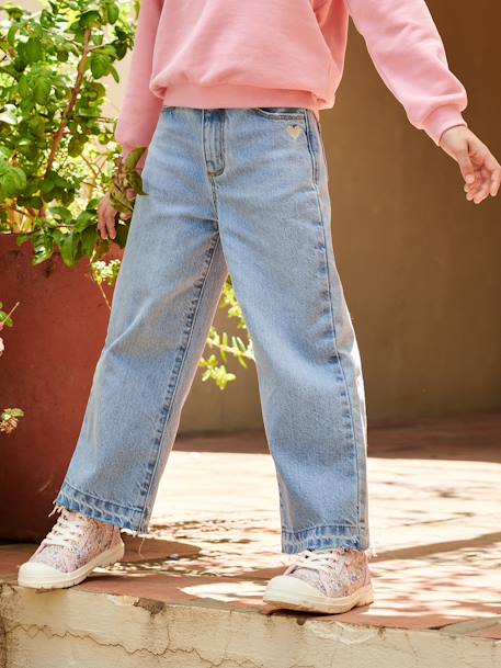 Jean fille large bas effiloché denim bleached+stone - vertbaudet enfant 