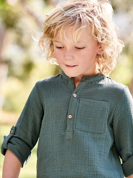 Jongensoverhemd van katoengaas met oprolbare mouwen blauwgroen+ecru+groen+Lichtblauw+petrolblauw - vertbaudet enfant 