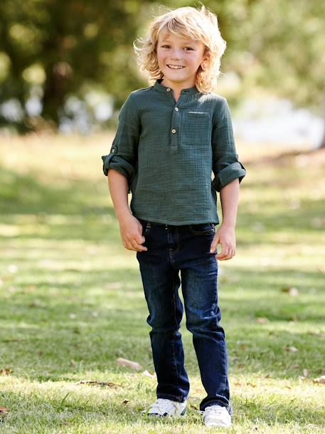 Jongensoverhemd van katoengaas met oprolbare mouwen blauwgroen+ecru+groen+Lichtblauw+petrolblauw - vertbaudet enfant 