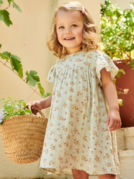 Robe fille en gaze de coton imprimée manches papillon tomette+vert d'eau - vertbaudet enfant 
