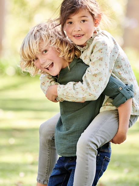 Jongensoverhemd van katoengaas met oprolbare mouwen blauwgroen+ecru+groen+Lichtblauw+petrolblauw - vertbaudet enfant 