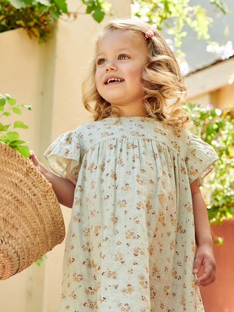 Robe fille en gaze de coton imprimée manches papillon tomette+vert d'eau - vertbaudet enfant 
