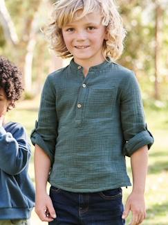 Jongens-Overhemd-Jongensoverhemd van katoengaas met oprolbare mouwen