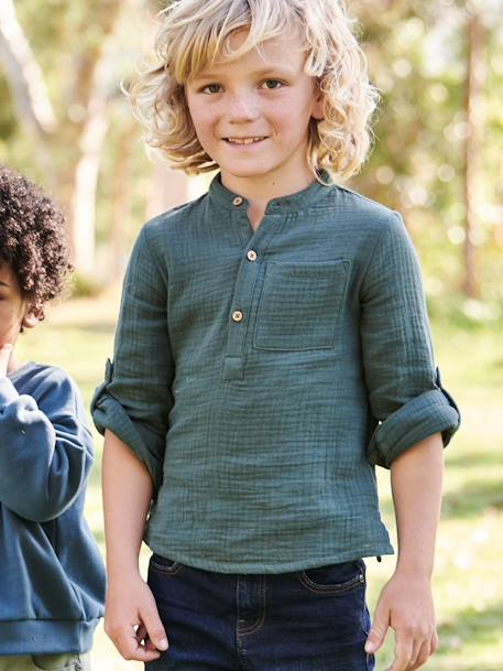 Jongensoverhemd van katoengaas met oprolbare mouwen blauwgroen+ecru+groen+Lichtblauw+petrolblauw - vertbaudet enfant 