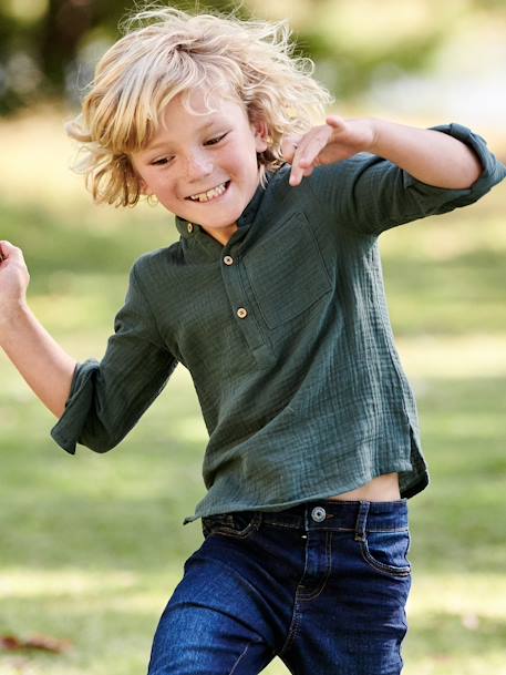 Jongensoverhemd van katoengaas met oprolbare mouwen blauwgroen+ecru+groen+Lichtblauw+petrolblauw - vertbaudet enfant 
