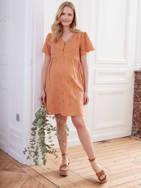 Robe gaze de coton brodé grossesse et allaitement terracotta - vertbaudet enfant 