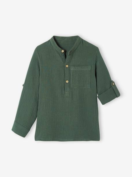 Jongensoverhemd van katoengaas met oprolbare mouwen blauwgroen+ecru+groen+Lichtblauw+petrolblauw - vertbaudet enfant 