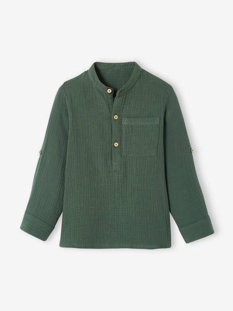 Jongensoverhemd van katoengaas met oprolbare mouwen blauwgroen+ecru+groen+Lichtblauw+petrolblauw - vertbaudet enfant 