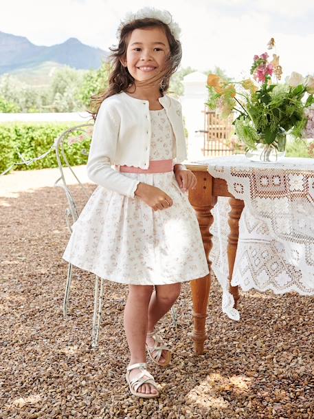 Gilet fille boléro maille pointelle cérémonie écru+rose pâle - vertbaudet enfant 