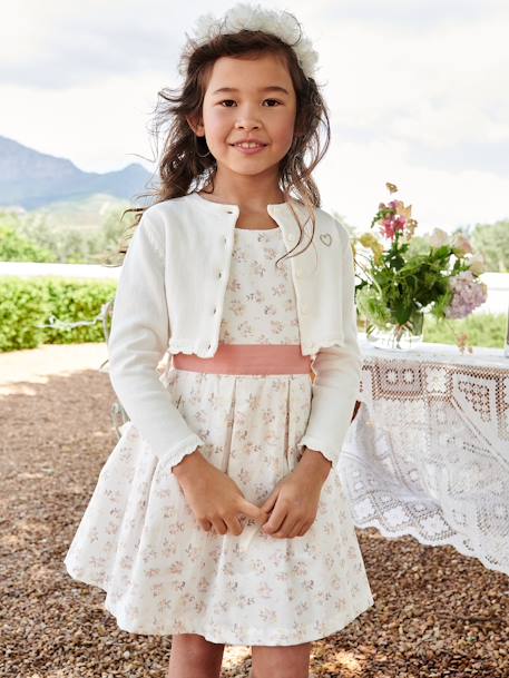 Gilet fille boléro maille pointelle cérémonie écru+rose pâle - vertbaudet enfant 