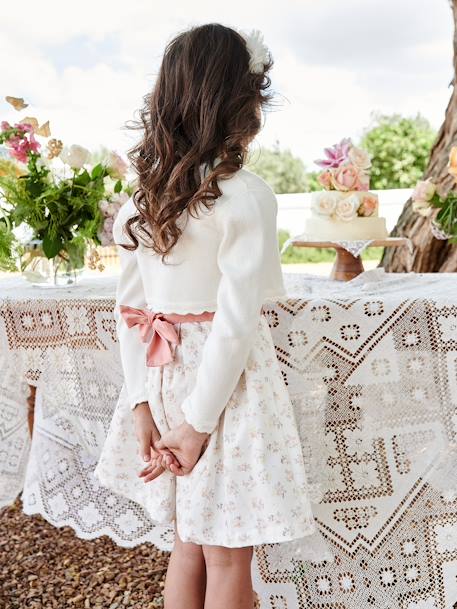 Gilet fille boléro maille pointelle cérémonie écru+rose pâle - vertbaudet enfant 