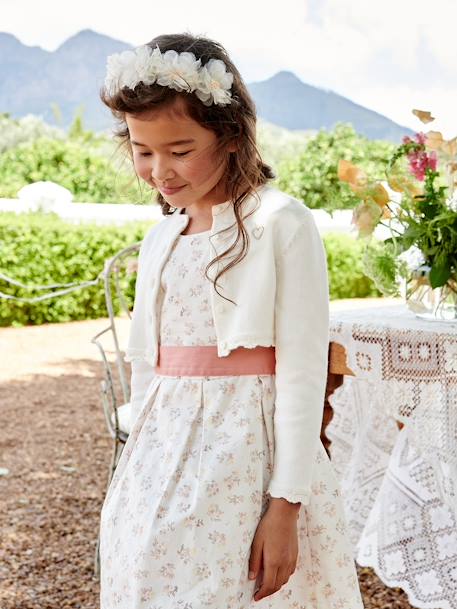 Gilet fille boléro maille pointelle cérémonie écru+rose pâle - vertbaudet enfant 