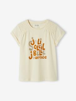 Meisje-T-shirt met iriserende boodschap voor meisjes met gesmokte schouders