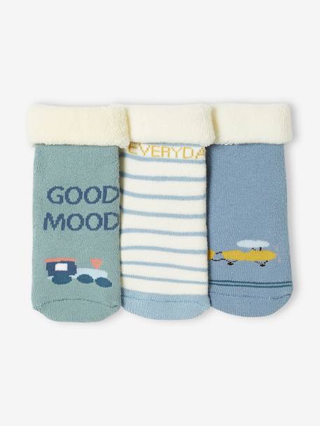 Set van 3 paar sokjes met vliegtuig en trein voor jongensbaby's ijsblauw - vertbaudet enfant 